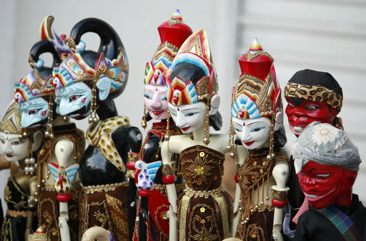 Wayang puppet made from wood and leather, intricately painted