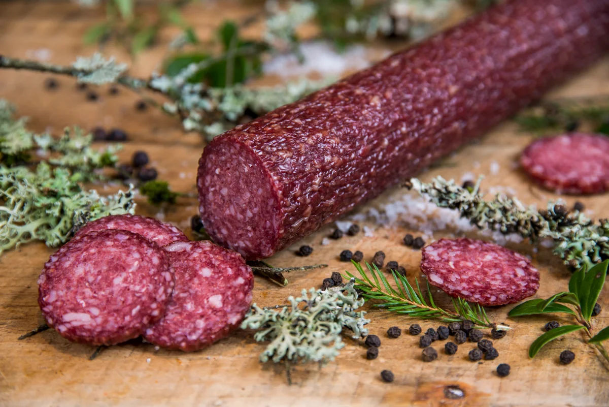 Reindeer sausage (reinsdyrpølse) commonly served with bread