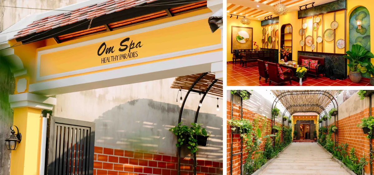 Mặt tiền OM spa với bảng hiệu nổi bật và lối vào nhiều cây xanh