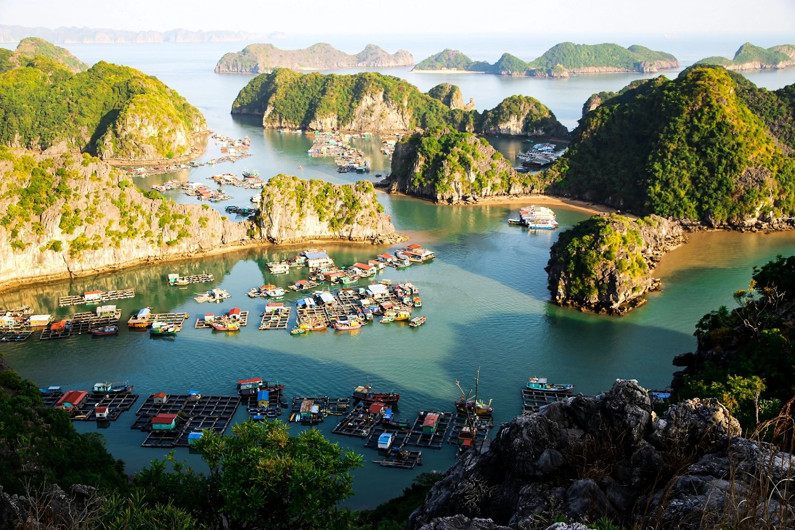 Life in Cai Beo Fishing Village is closely associated with rustic wooden boats, floating houses, and handwoven fishing nets