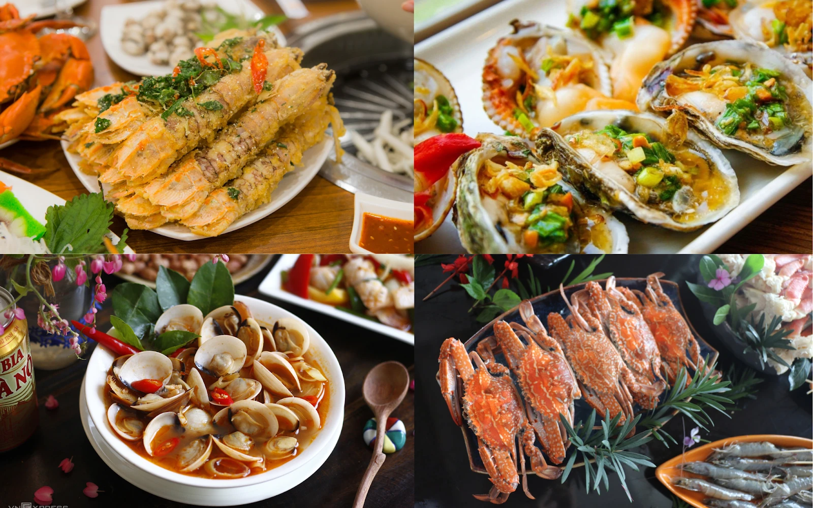 Mantis shrimp, grilled oysters with scallion oil, steamed clams with lemongrass, and fresh crab served at coastal seafood restaurants