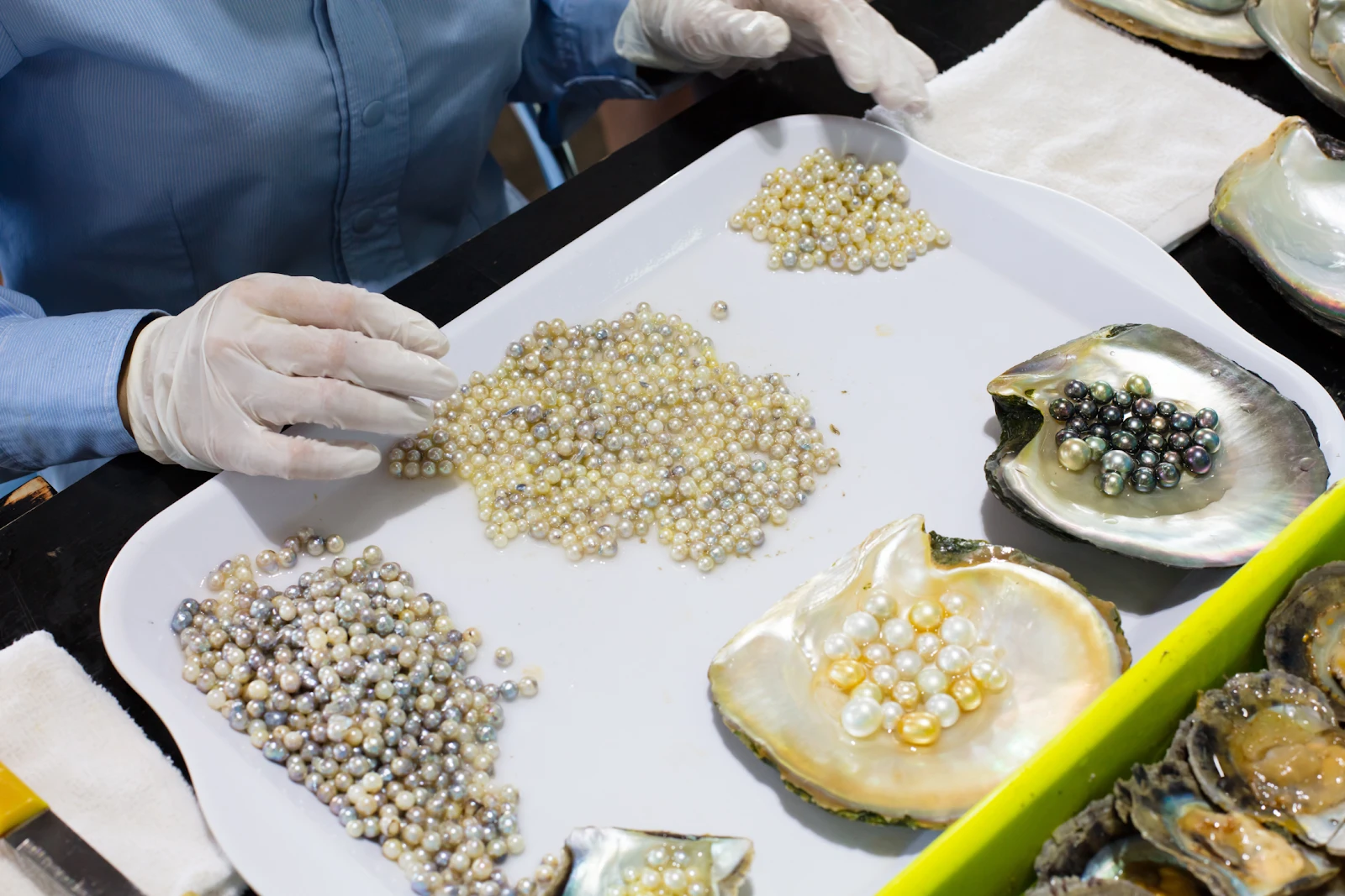 Artisan crafting handmade pearl jewelry at a specialty shop in Quang Ninh