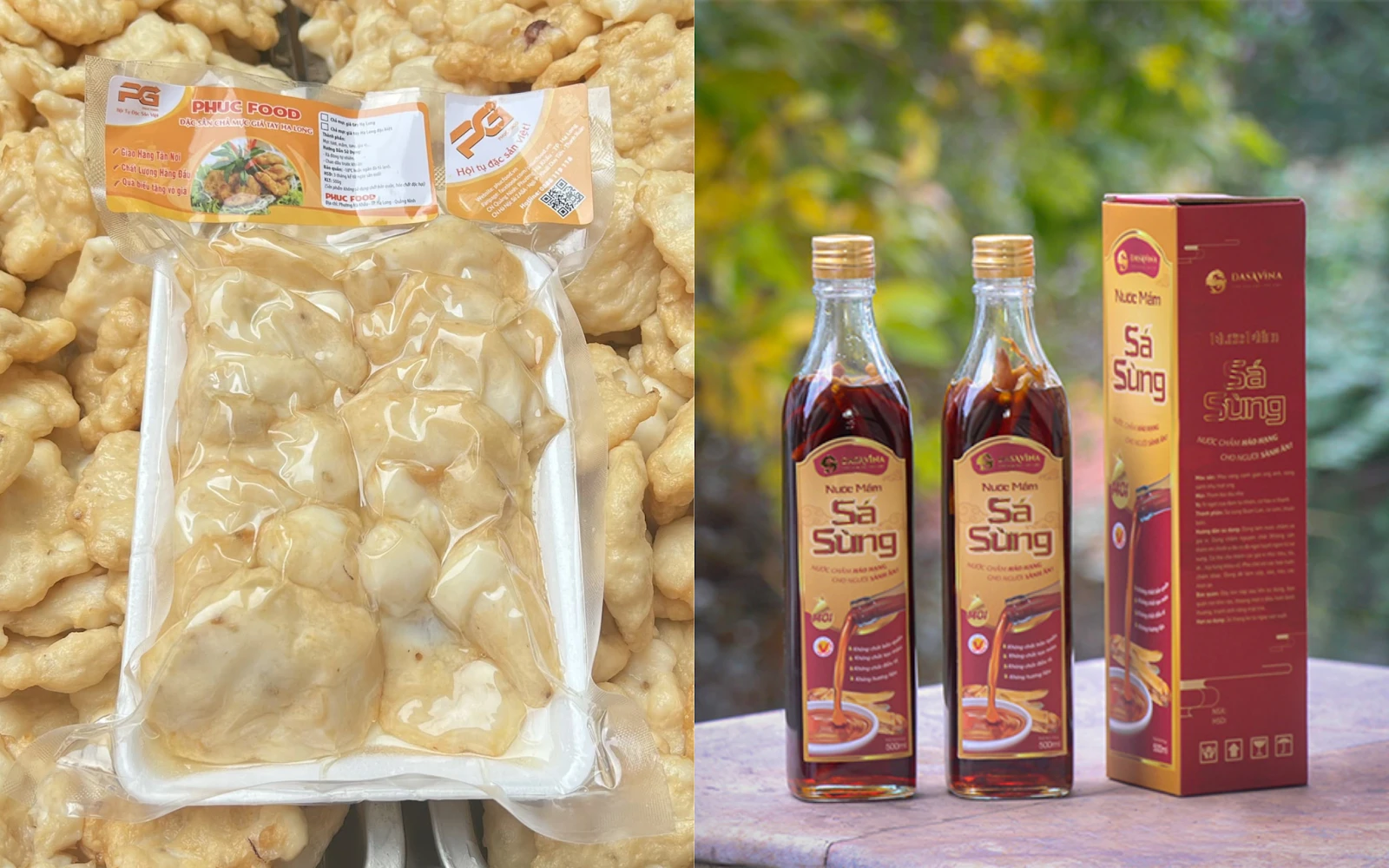 Boxed squid patties and sipunculus fish sauce packaged as gifts for Ha Long travelers