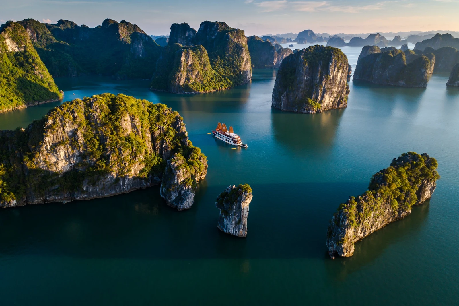 Panoramic view of Ha Long Bay with islands of different sizes in the emerald waters