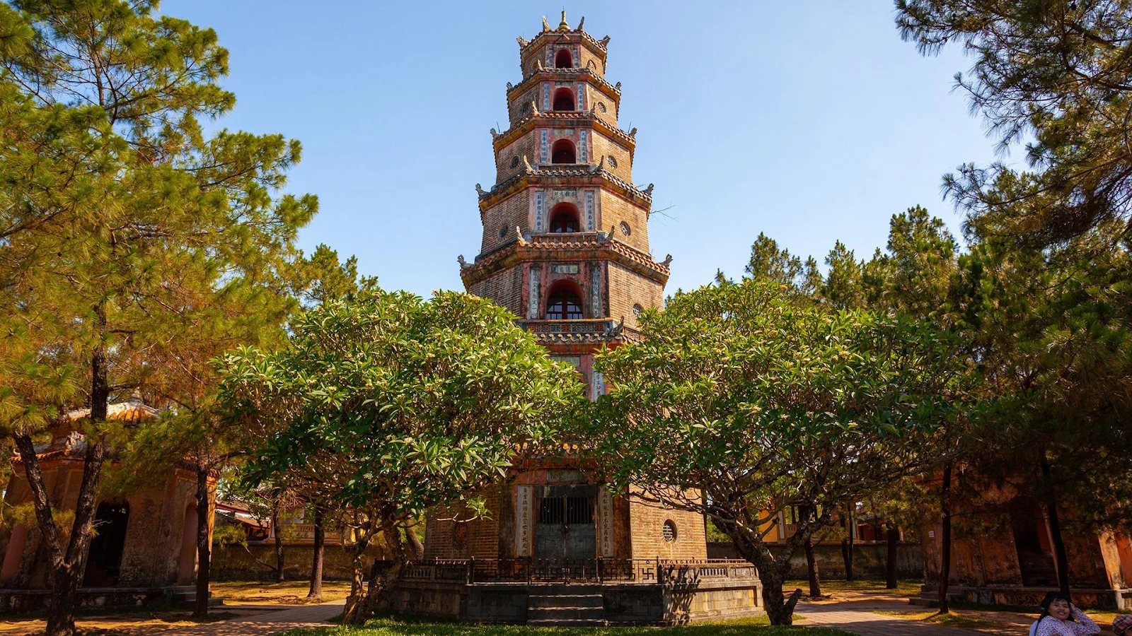 The seven-story Phuoc Duyen Tower at Thien Mu Pagoda in Hue seen from afar