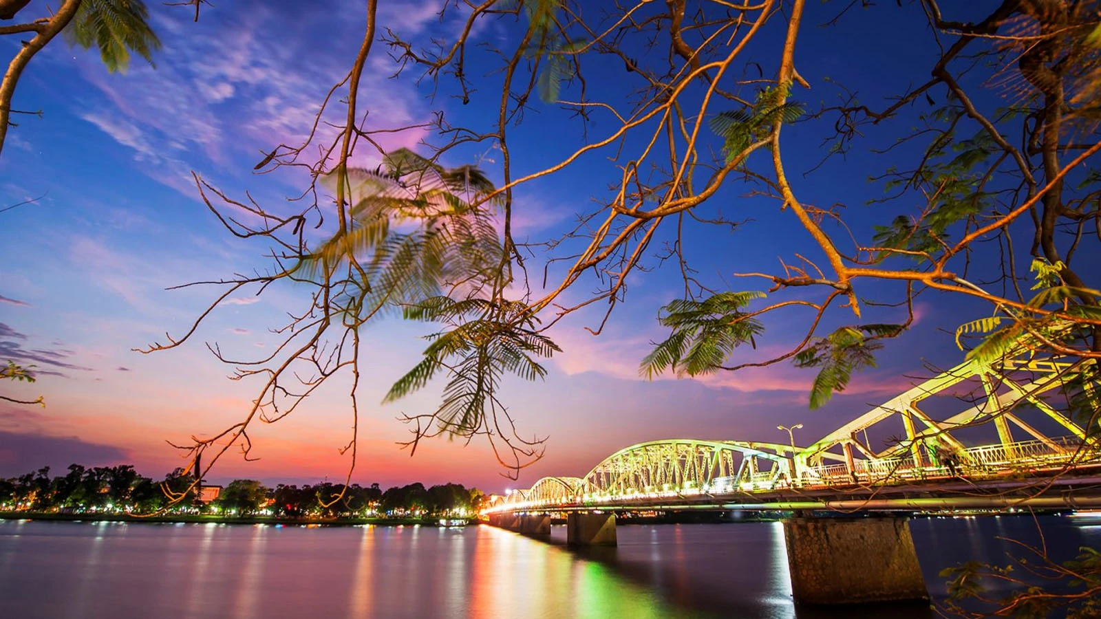 Truong Tien Bridge with its distinctive steel structure and nighttime lighting system