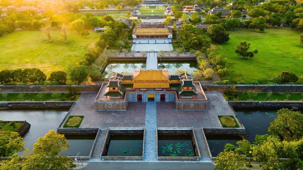 Panoramic view of Hue City from above with the Perfume River and famous historical landmarks