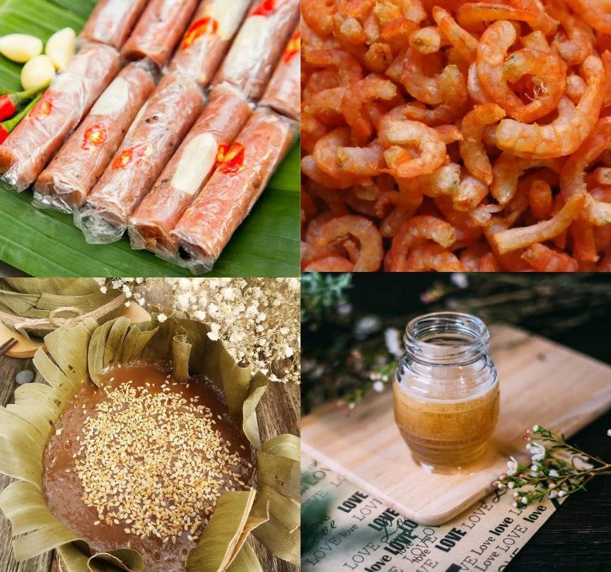 A collection of dried squid, dried shrimp, sauces, and signature Quang Ninh cakes