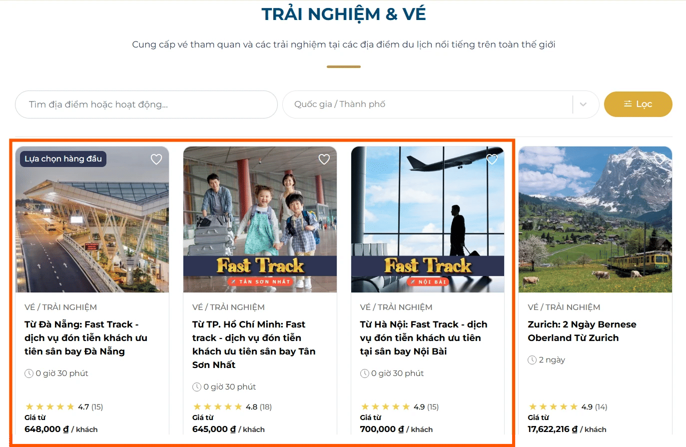 2 lựa chọn truy cập danh mục “Vé & Trải nghiệm” trên Tatinta.com