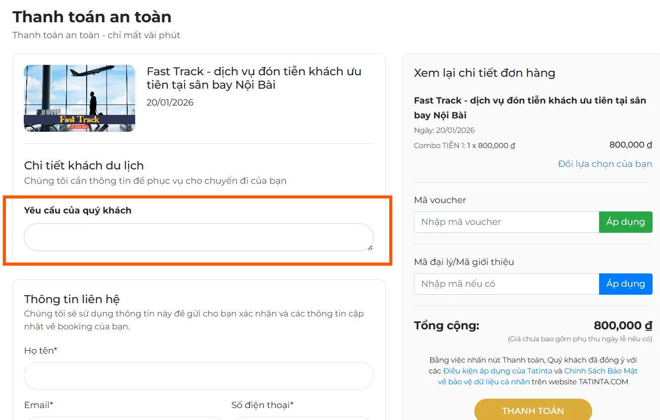 Trang thanh toán dịch vụ Fast track Nội Bài trên Tatinta.com