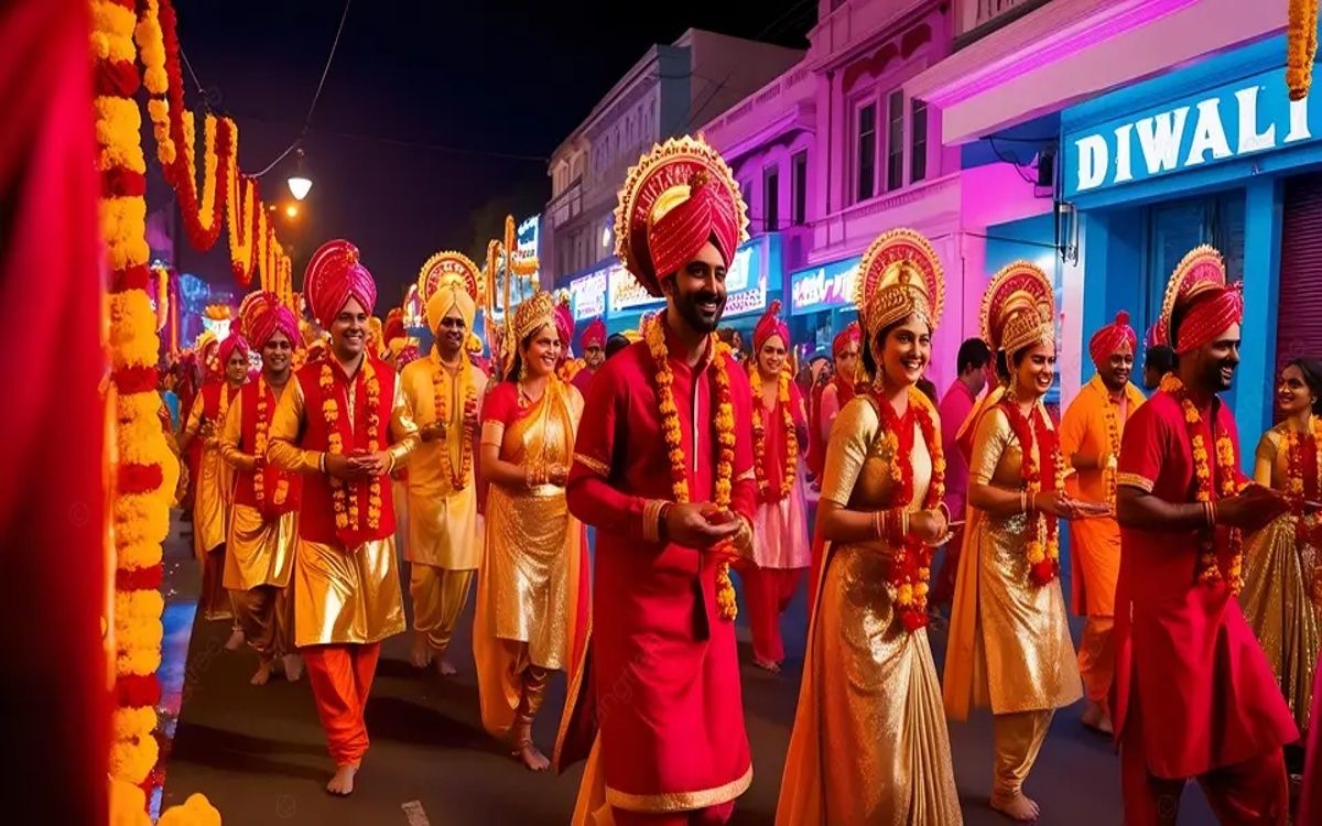 A crowd in traditional garments parading during Diwali