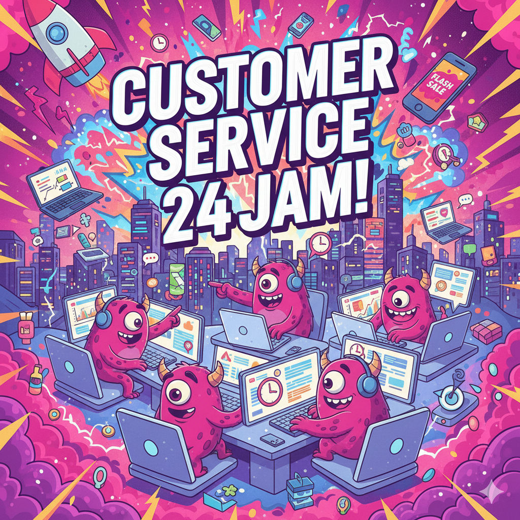 Ilustrasi customer service 24 jam dengan headset neon
