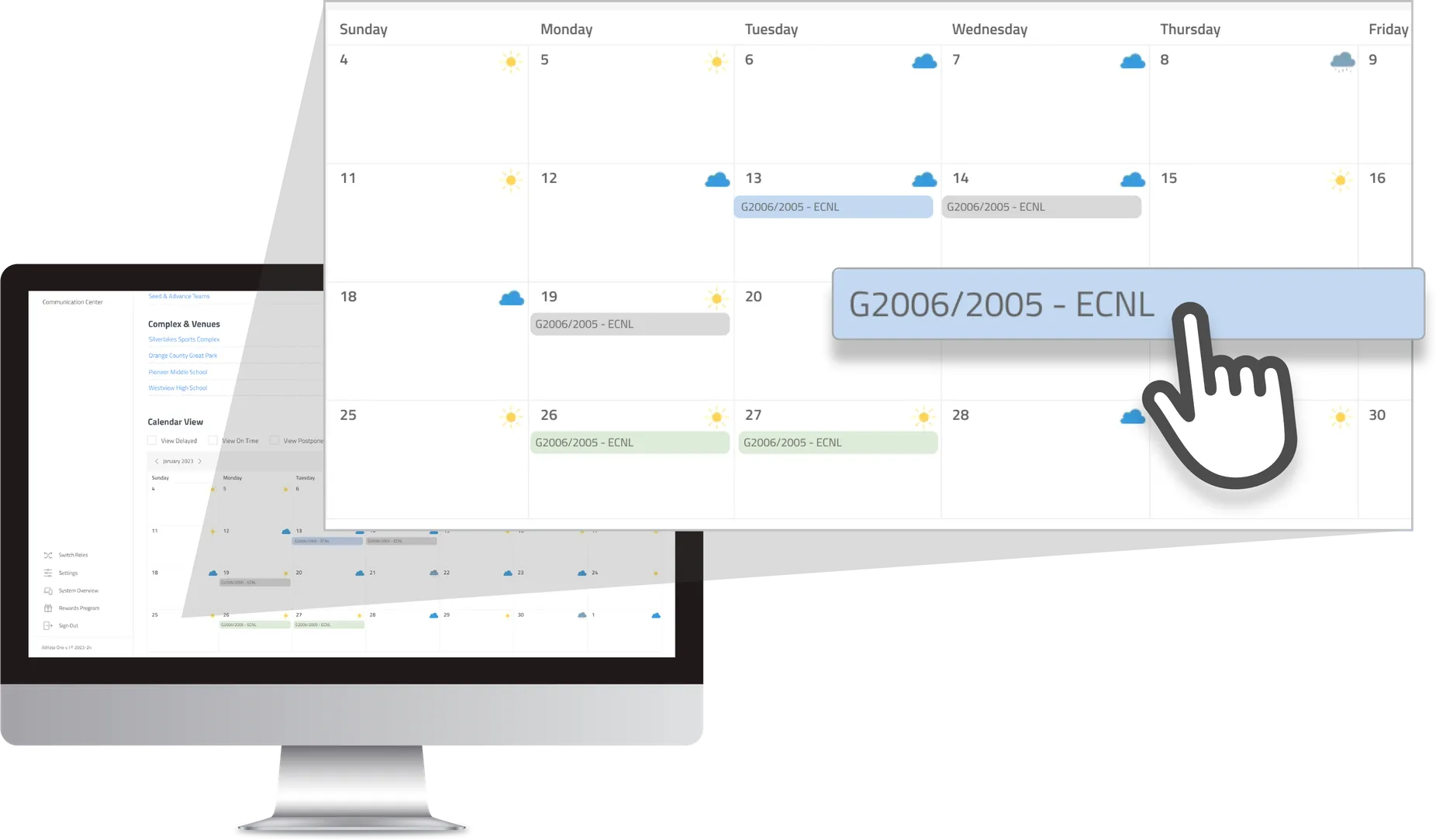 League and tournament scheduling interface with drag-and-drop calendar