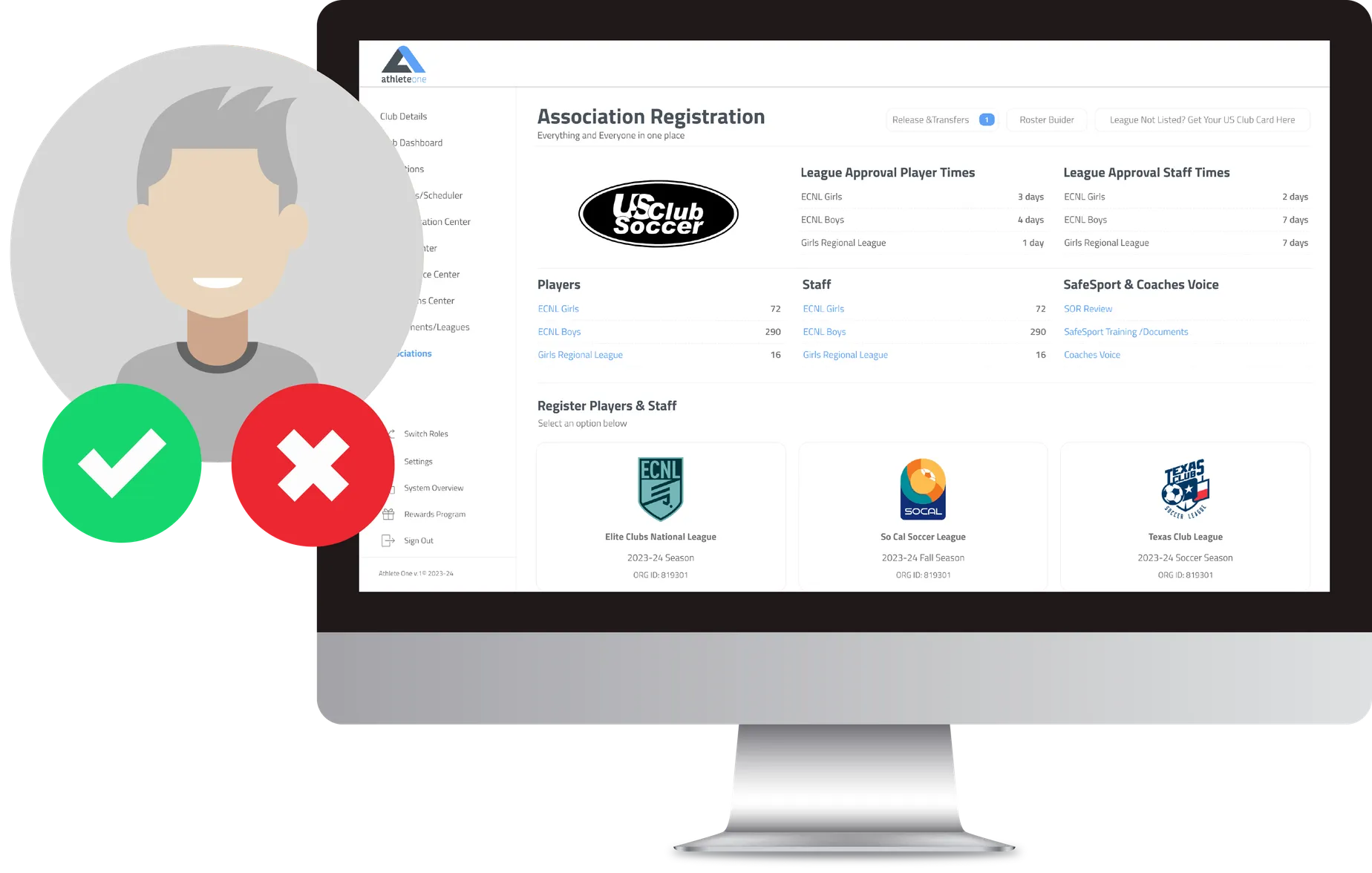 Player and staff registration interface showing approval workflow
