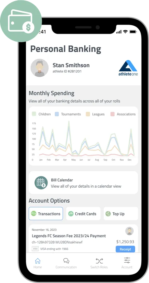 Mobile app screen showing parent billing management for payments and dues