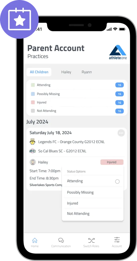 Mobile app screen showing the parent calendar with practice and game schedules