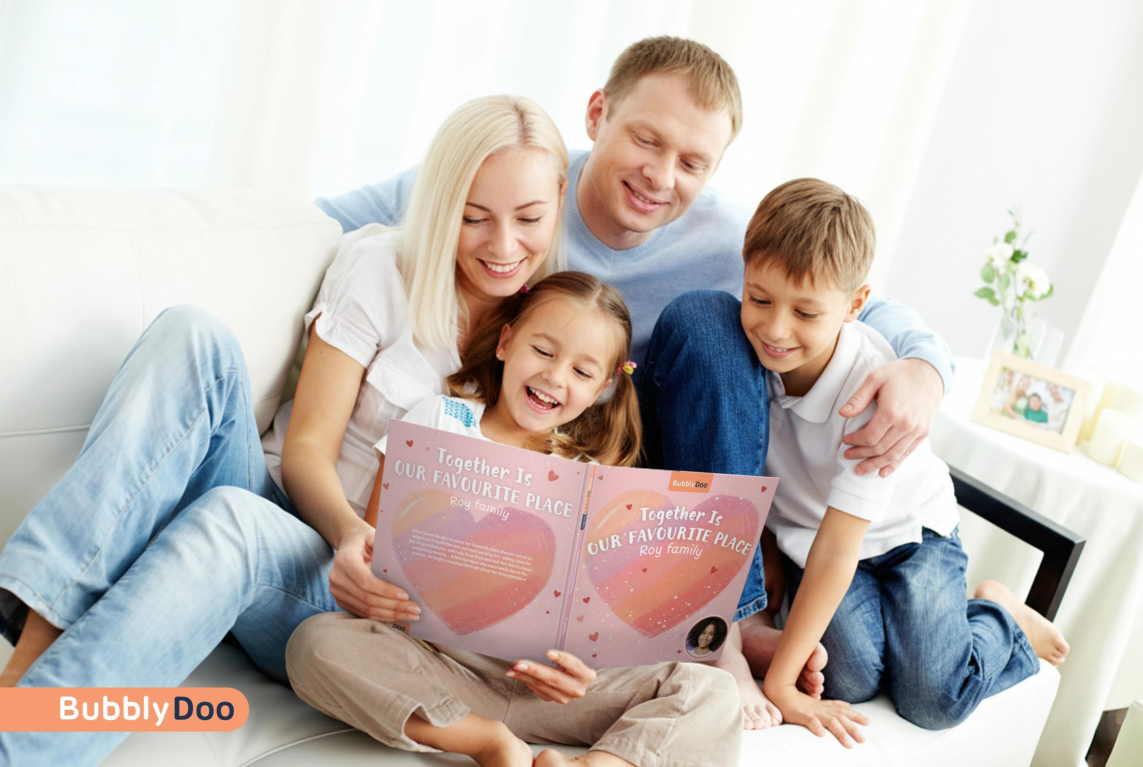 Family reading a personalized book together