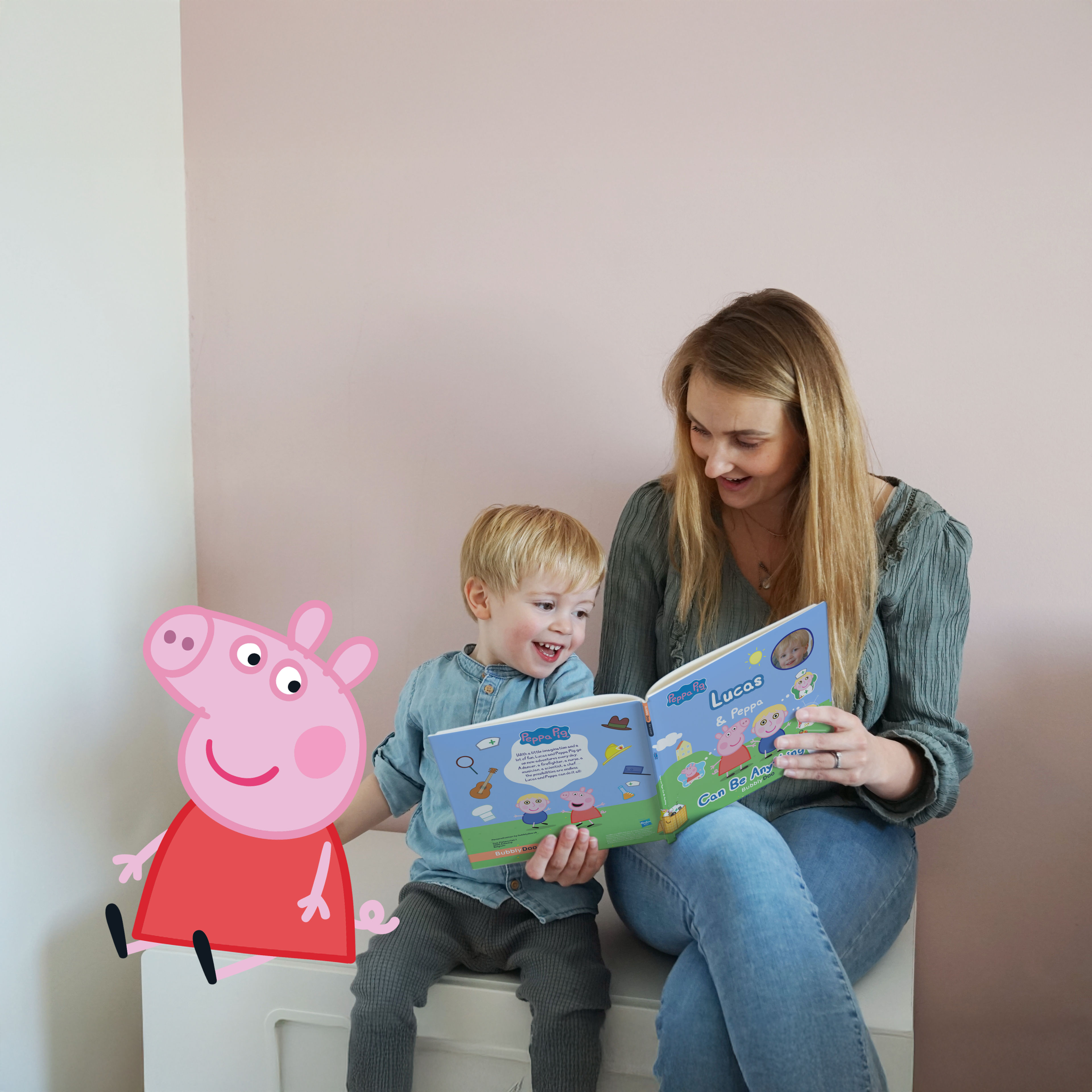A parent reading a personalized storybook with her child