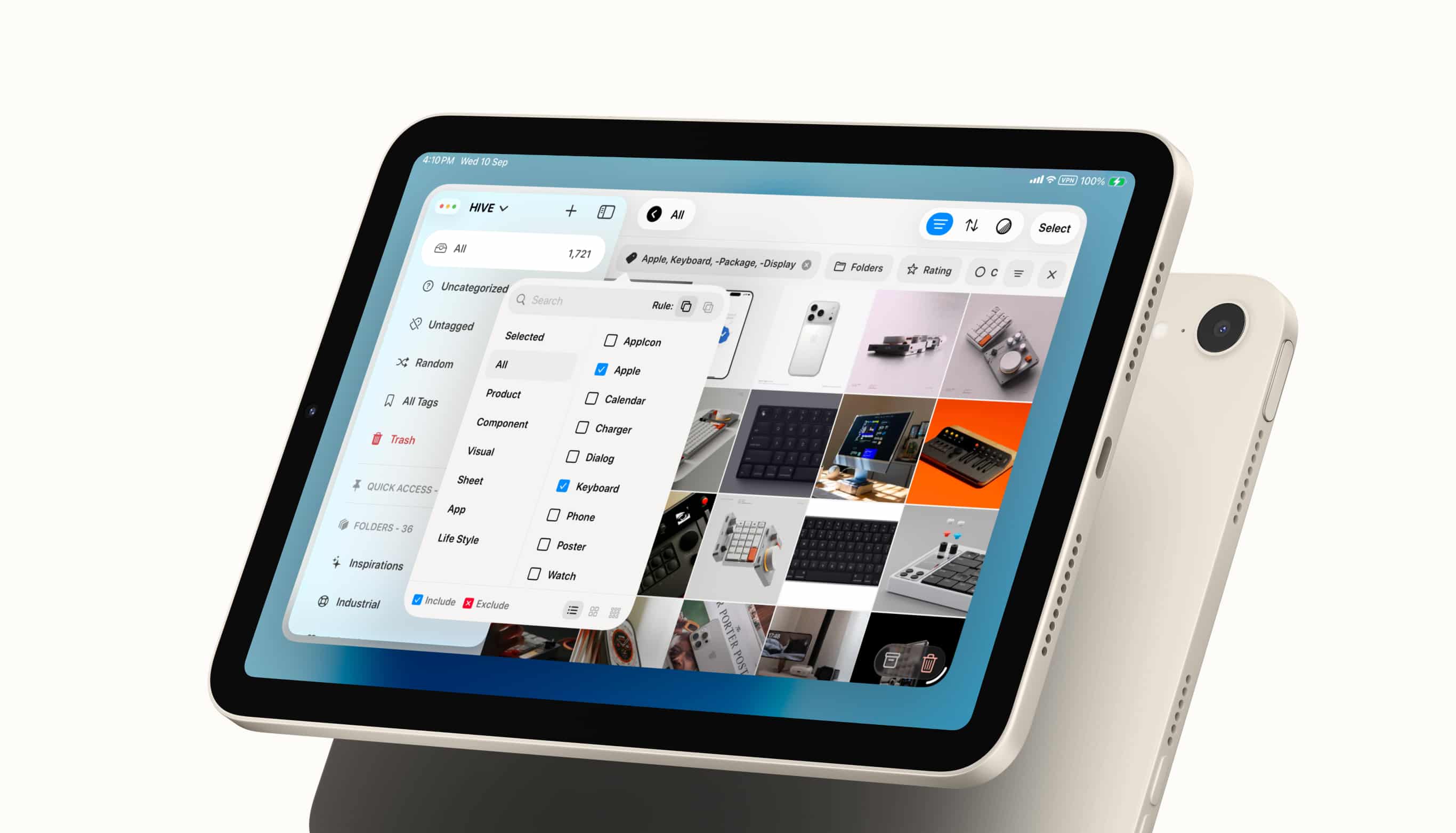 Hive on iPad reopening a filtered working set with tags and folders during design review