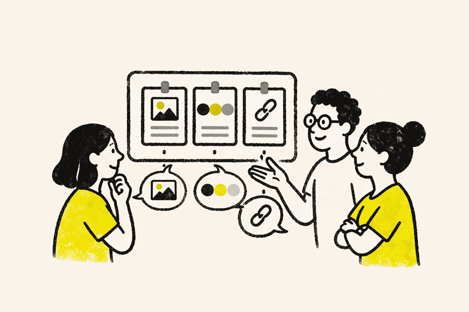 Illustration of a small team reviewing a board of image, palette, and link references together