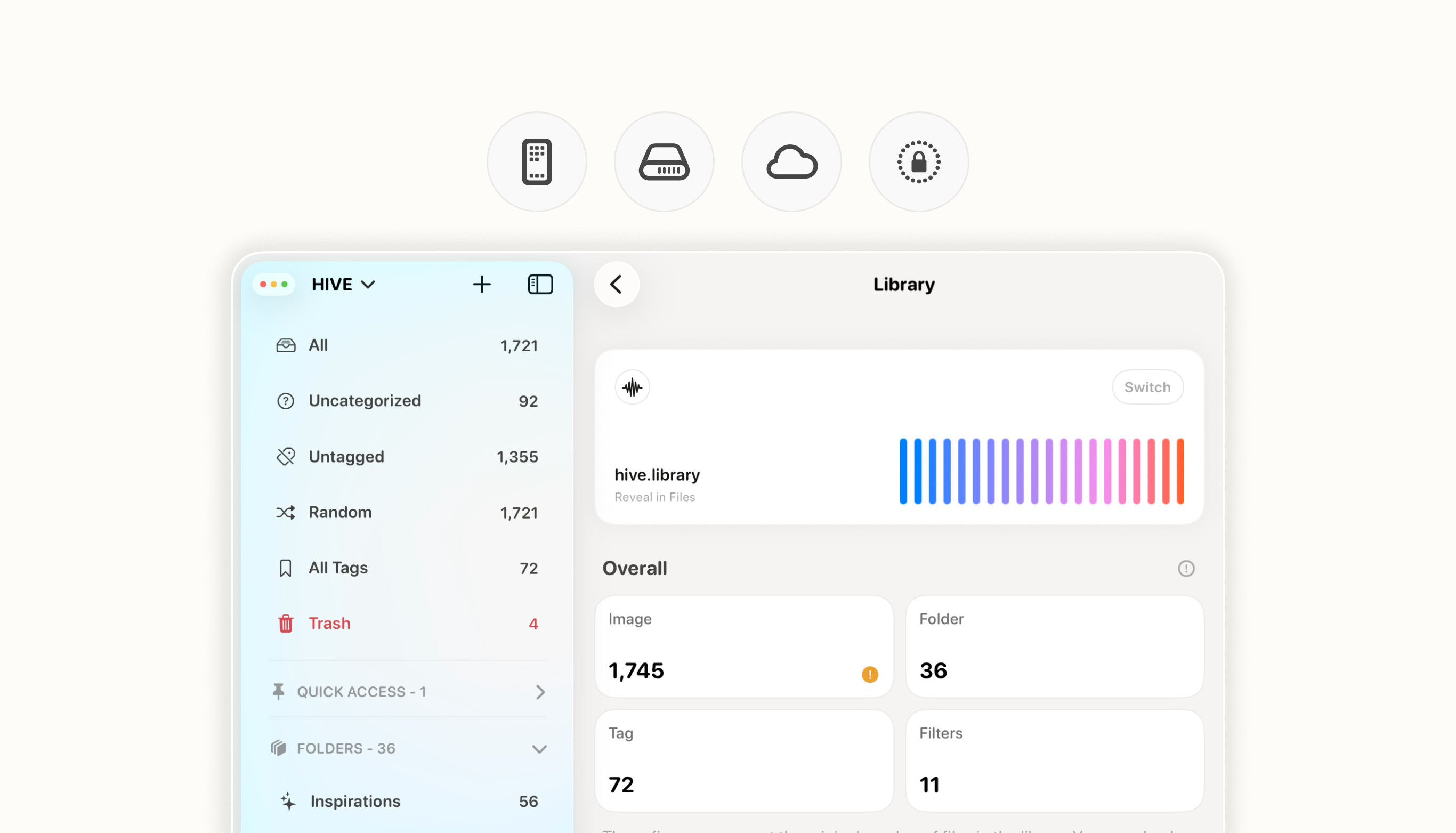 Hive library overview on iPad showing a private reference library with folders, tags, filters, and storage details