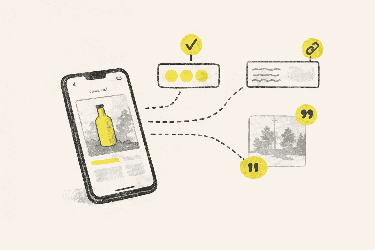 Illustration of a phone save branching into source, notes, and quotation context