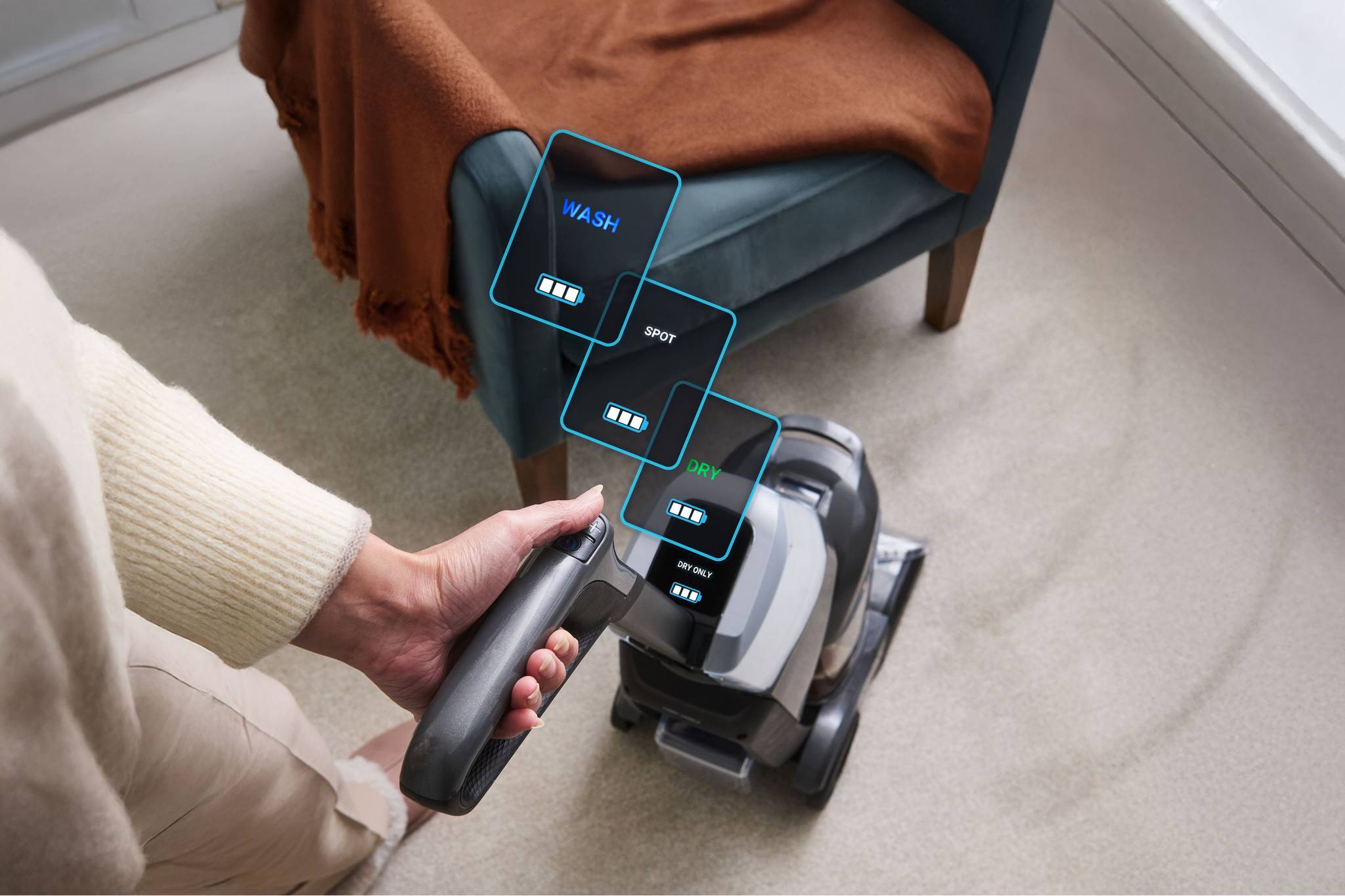 VAX ONEPWR Compact Cordless Carpet Cleaner LED display with Wash, Spot, and Dry cleaning modes