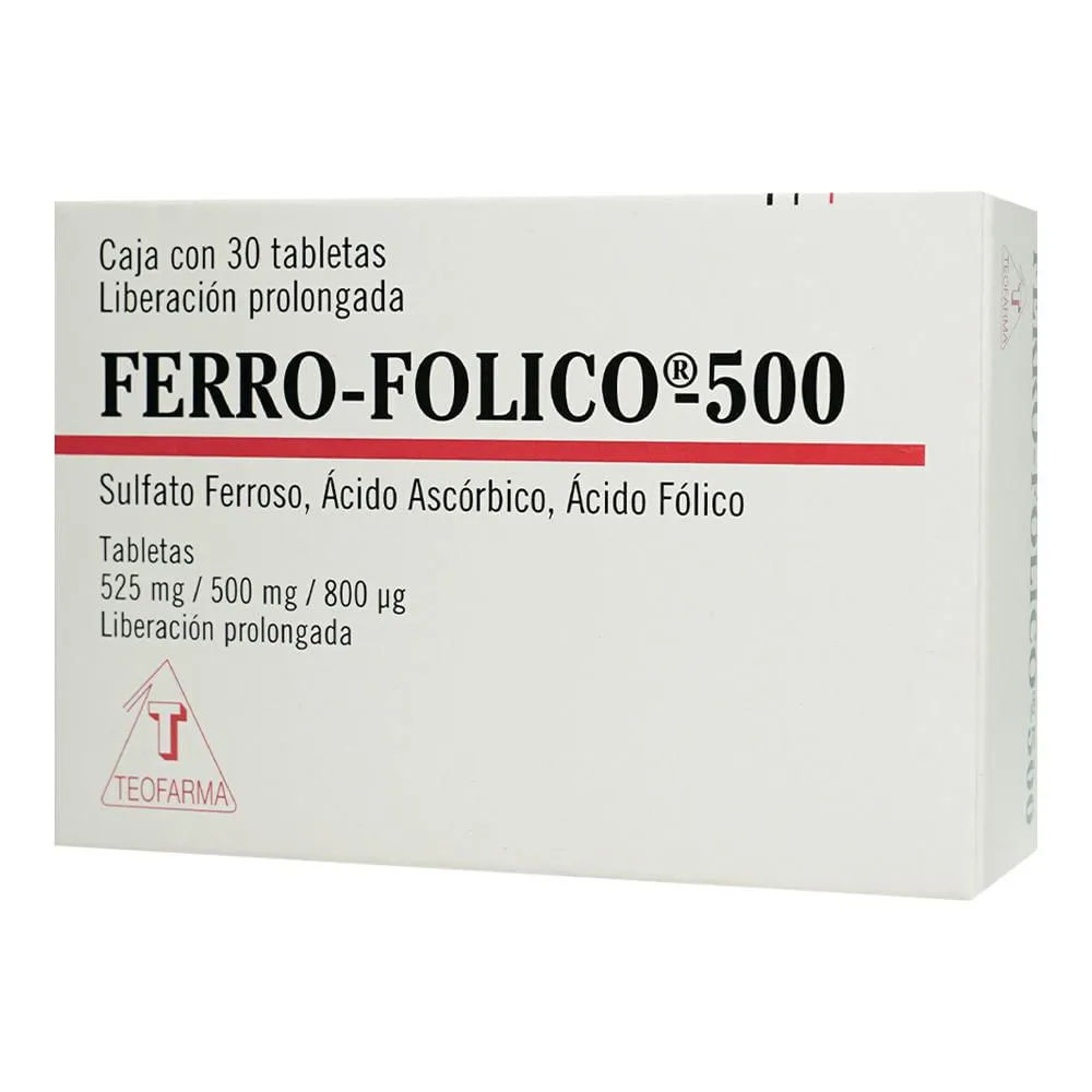 Imagen de Ferro-Folico 500 Sulfato ferroso 525 mg / Ácido fólico 800 µg / Ácido ascórbico 500 mg Tableta