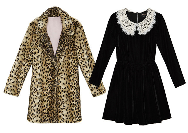 Black velvet minidress & faux leopard coat