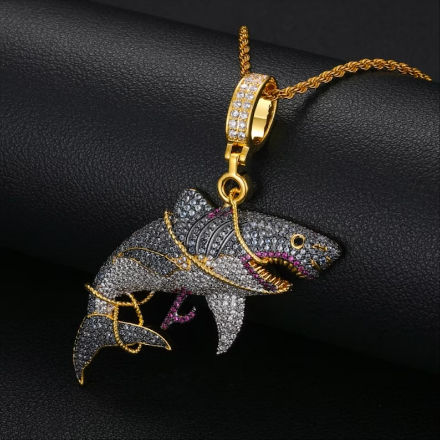 Picture of "Jaws of Elegance" Iced Out Diamond Shark Necklace - Sea Ocean Jewelry for Him