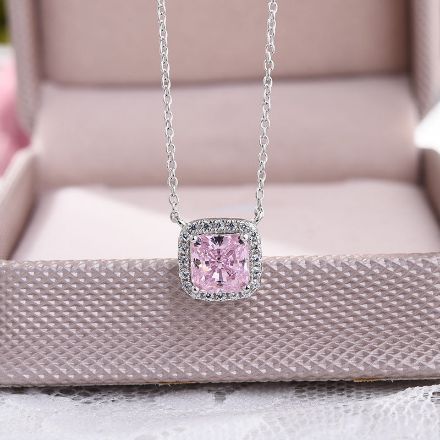 Picture of 1.5 Carat Cushion Cut Pink Halo Pendant with Necklace In Sterling Silver