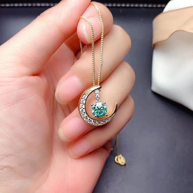 Picture of Yellow Gold Moon Design Round Cut Paraiba Tourmaline Pendant Necklace In Sterling Silver