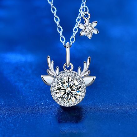 Picture of Christmas Gift Reindeer Design Round Cut Moissanite Necklace In Sterling Silver