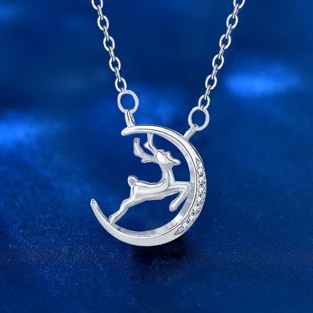 Picture of Christmas Gift Reindeer & Moon Design Round Cut Necklace In Sterling Silver