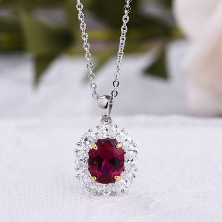 Picture of 1.8 Carat Ruby Oval Cut Halo Pendant with Necklace In Sterling Silver