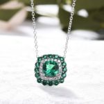 Picture of 1.5 Carat Double Halo Cushion Cut Emerald Green Women's Necklace In Sterling Silver