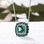 Picture of 1.5 Carat Double Halo Cushion Cut Emerald Green Women's Necklace In Sterling Silver