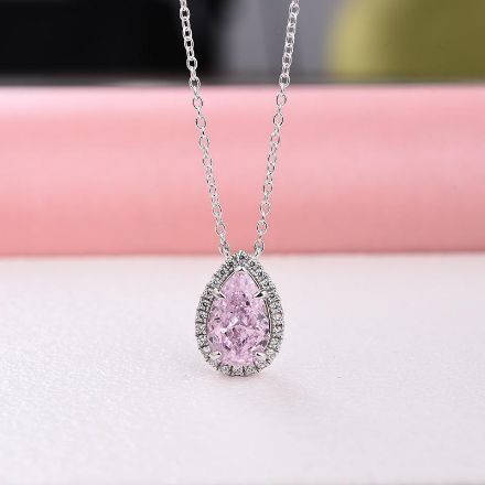 Picture of Elegant Halo Pear Cut Pink Sapphire Pendant with Necklace In Sterling Silver