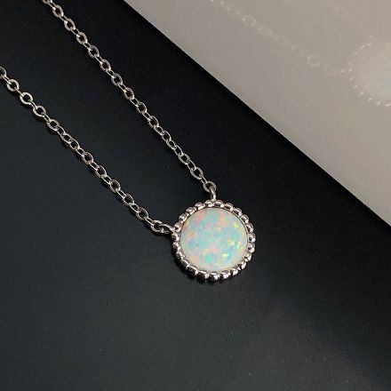 Picture of Elegant Halo Round Cut Opal Stone Women's Pendant Necklace In Sterling Silver