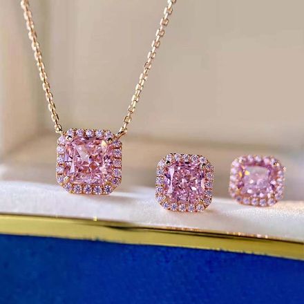 Picture of Rose Gold Halo Radiant Cut Pink Sapphire 2PC Jewelry Set In Sterling Silver