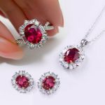 Picture of Vintage Ruby Oval Cut Halo 2PC Jewelry Set In Sterling Silver