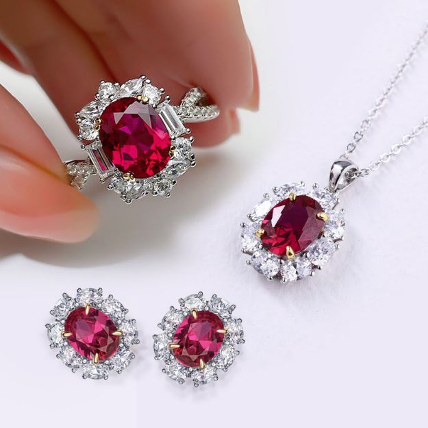 Picture of Vintage Ruby Oval Cut Halo 2PC Jewelry Set In Sterling Silver