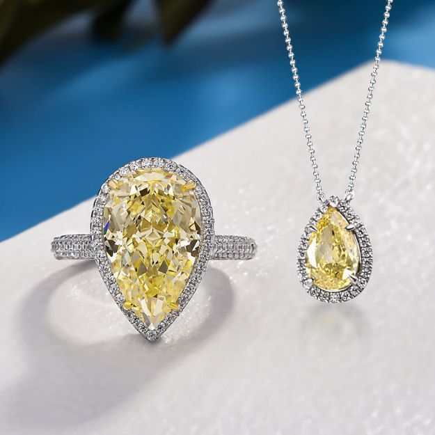 Picture of Exquisite Halo Pear Cut Yellow Sapphire 2PC Jewelry Set In Sterling Silver