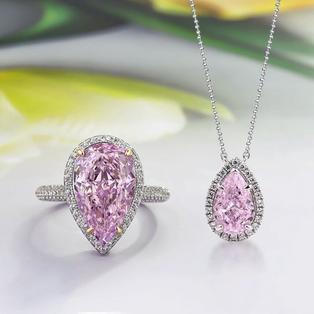 Picture of Elegant Halo Pear Cut Pink Sapphire 2PC Jewelry Set In Sterling Silver