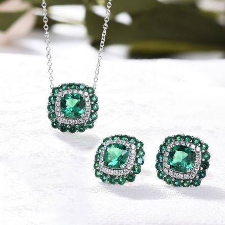 Picture of Double Halo Cushion Cut Emerald Green 2PC Jewelry Set In Sterling Silver