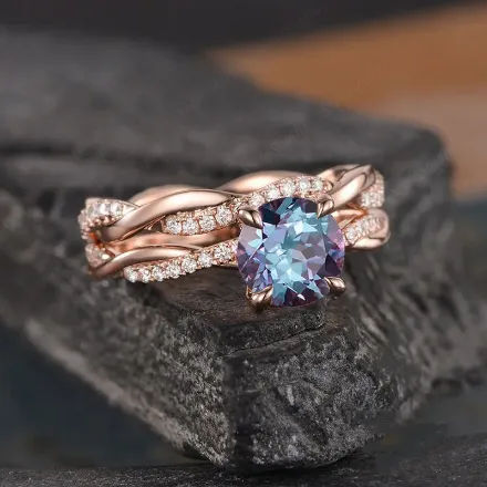 Picture of Rose Gold Twist Round Cut Alexandrite Wedding Set In Sterling Silver