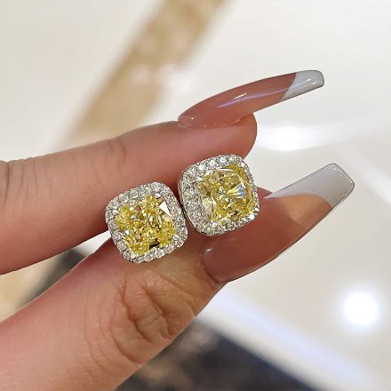 Picture of 4.0 Carat Yellow Sapphire Halo Princess Cut Sterling Silver Women's Stud Earrings