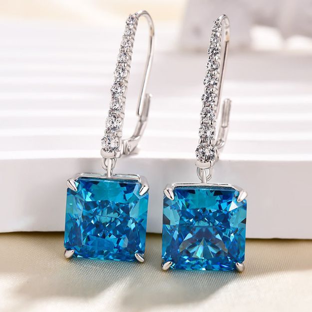 Picture of Luxury Radiant Cut Blue Sapphire Women's Earrings In Sterling Silver