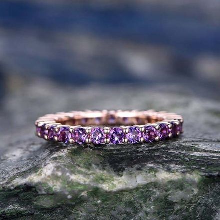 Picture of Rose Gold Round Cut Amethyst Purple Wedding Band In Sterling Silver