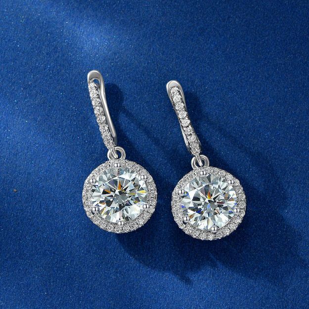 Picture of Classic Halo Round Cut Drop Earrings In Sterling Silver
